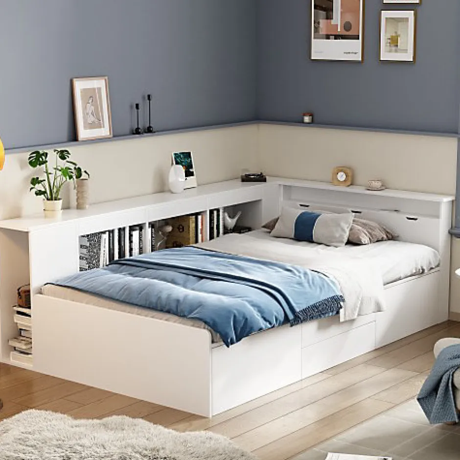 ModernLuxe Lit simple 90x200cm en bois massif - avec rangements multifonctions - Blanc Discount