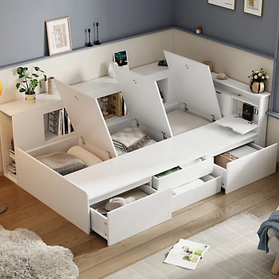 ModernLuxe Lit simple 90x200cm en bois massif - avec rangements multifonctions - Blanc Discount