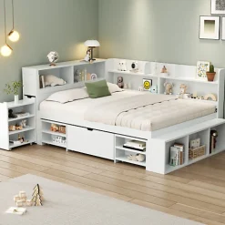 ModernLuxe Lit simple 140x190cm en MDF - Avec tiroirs et étagères - Bibliothèque amovible - Avec sommier à lattes - Blanc(sans matelas)