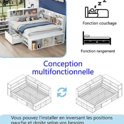 ModernLuxe Lit simple 140x190cm en MDF - Avec tiroirs et étagères - Bibliothèque amovible - Avec sommier à lattes - Blanc(sans matelas)