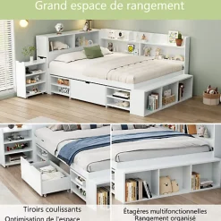 ModernLuxe Lit simple 140x190cm en MDF - Avec tiroirs et étagères - Bibliothèque amovible - Avec sommier à lattes - Blanc(sans matelas)