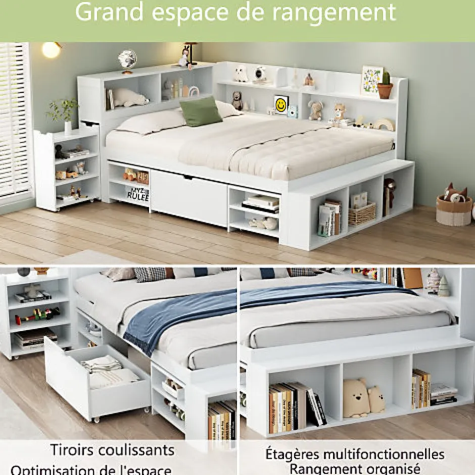 ModernLuxe Lit simple 140x190cm en MDF - Avec tiroirs et étagères - Bibliothèque amovible - Avec sommier à lattes - Blanc(sans matelas)