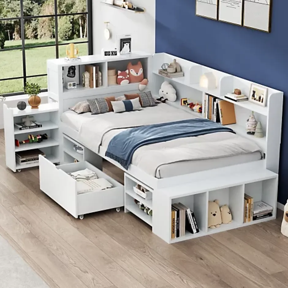 ModernLuxe Lit simple 90x200cm en MDF - Avec tiroirs et étagères - Bibliothèque amovible - Avec sommier à lattes - Blanc(sans matelas) Hot
