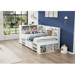 ModernLuxe Lit simple 90x200cm en MDF - Avec tiroirs et étagères - Bibliothèque amovible - Avec sommier à lattes - Blanc(sans matelas) Hot