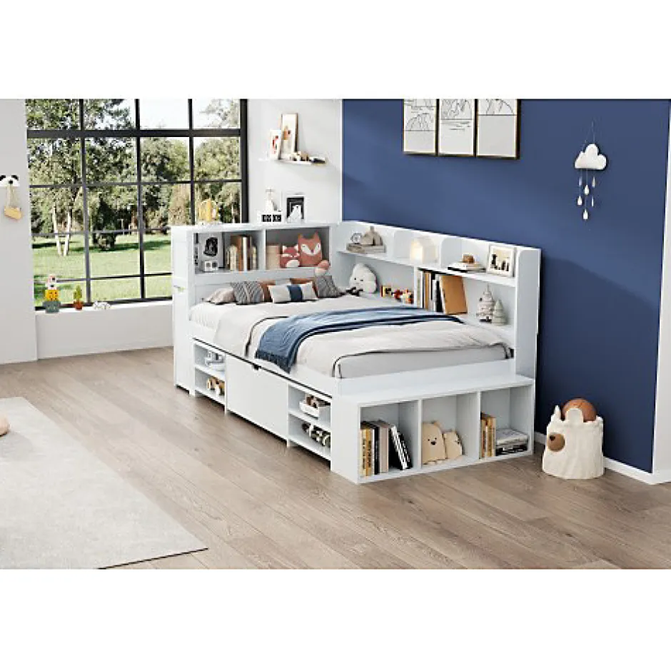 ModernLuxe Lit simple 90x200cm en MDF - Avec tiroirs et étagères - Bibliothèque amovible - Avec sommier à lattes - Blanc(sans matelas) Hot