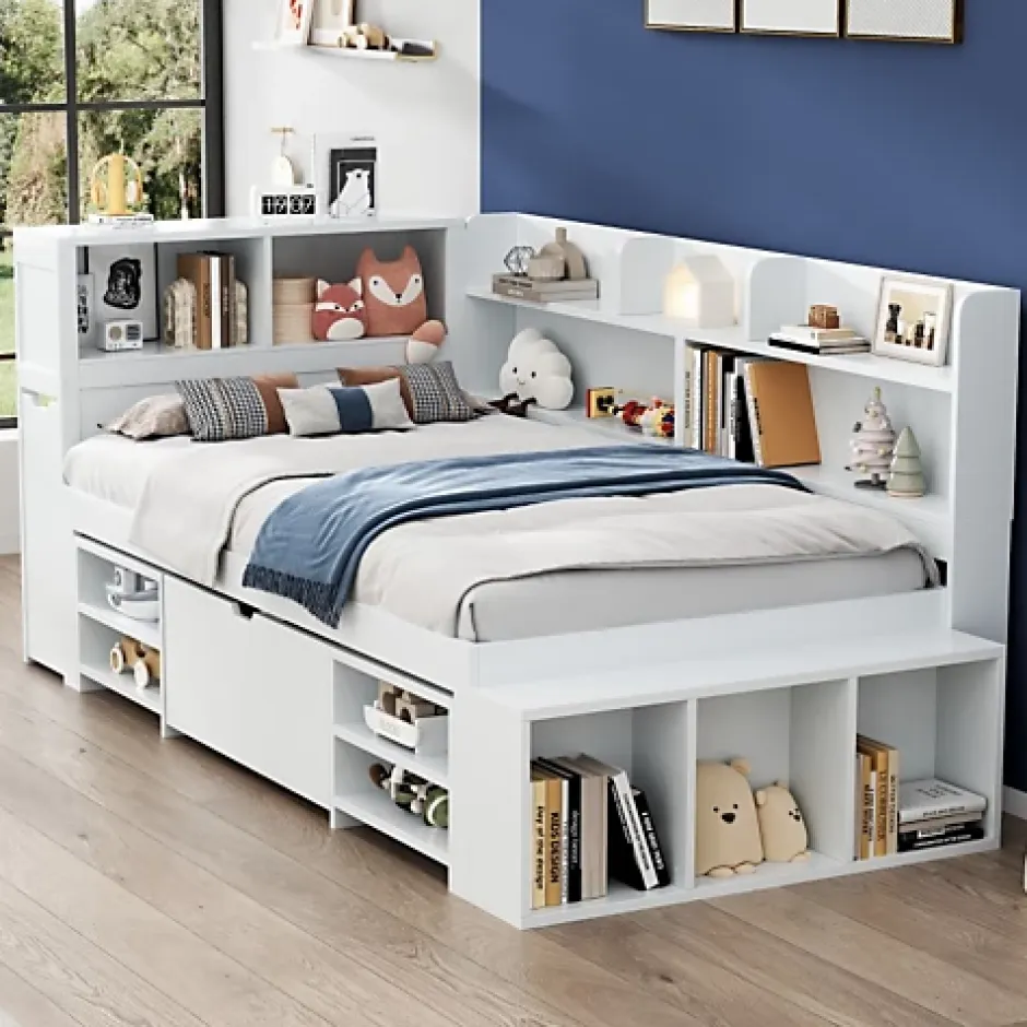 ModernLuxe Lit simple 90x200cm en MDF - Avec tiroirs et étagères - Bibliothèque amovible - Avec sommier à lattes - Blanc(sans matelas) Hot