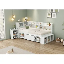 ModernLuxe Lit simple 90x200cm en MDF - Avec tiroirs et étagères - Bibliothèque amovible - Avec sommier à lattes - Blanc(sans matelas) Hot