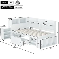 ModernLuxe Lit simple 90x200cm en MDF - Avec tiroirs et étagères - Bibliothèque amovible - Avec sommier à lattes - Blanc(sans matelas) Hot