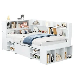 ModernLuxe Lit simple 90x200cm en MDF - Avec tiroirs et étagères - Bibliothèque amovible - Avec sommier à lattes - Blanc(sans matelas) Hot