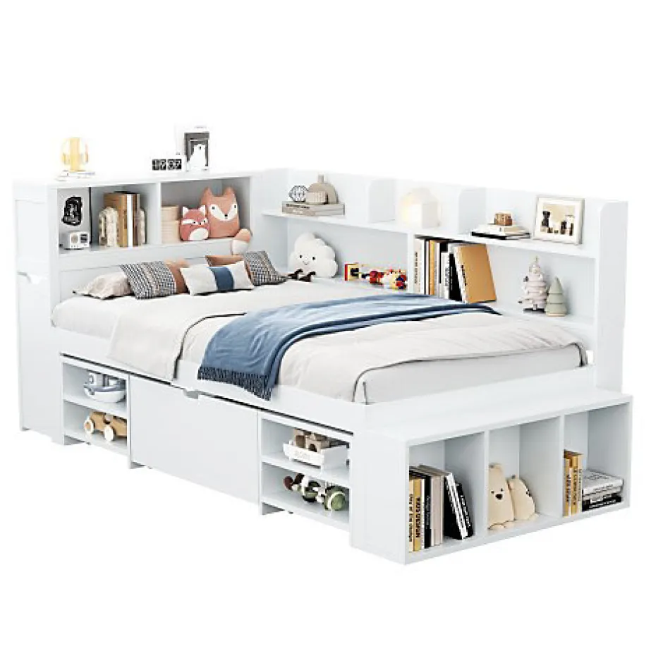 ModernLuxe Lit simple 90x200cm en MDF - Avec tiroirs et étagères - Bibliothèque amovible - Avec sommier à lattes - Blanc(sans matelas) Hot