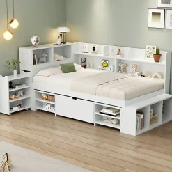 ModernLuxe Lit simple 90x200cm en MDF - Avec tiroirs et étagères - Bibliothèque amovible - Avec sommier à lattes - Blanc(sans matelas) Hot