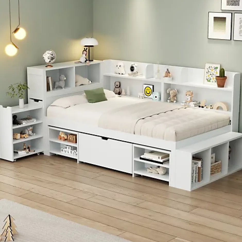ModernLuxe Lit simple 90x200cm en MDF - Avec tiroirs et étagères - Bibliothèque amovible - Avec sommier à lattes - Blanc(sans matelas) Hot