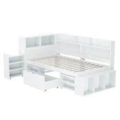 ModernLuxe Lit simple 90x200cm en MDF - Avec tiroirs et étagères - Bibliothèque amovible - Avec sommier à lattes - Blanc(sans matelas) Hot