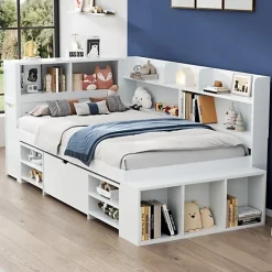 ModernLuxe Lit simple 90x190cm en MDF - Avec tiroirs et étagères - Bibliothèque amovible - Avec sommier à lattes - Blanc(sans matelas) Hot
