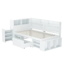 ModernLuxe Lit simple 90x190cm en MDF - Avec tiroirs et étagères - Bibliothèque amovible - Avec sommier à lattes - Blanc(sans matelas) Hot