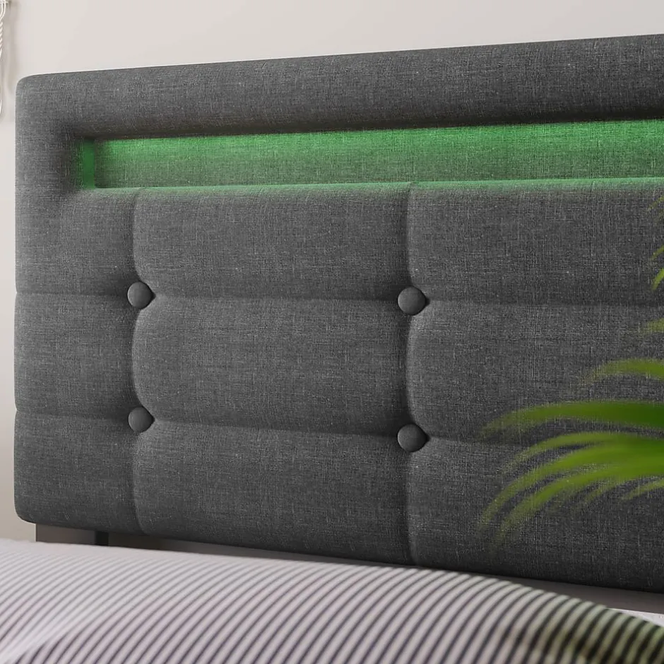 Blackcolors Lit Simple 90x200cm Rembourré Led 2 Tiroirs Tête Réglable Gris