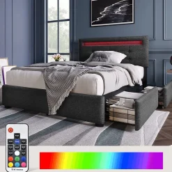 Blackcolors Lit Simple 90x200cm Rembourré Led 2 Tiroirs Tête Réglable Gris