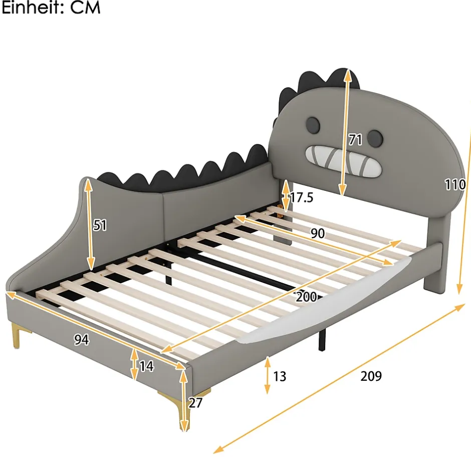 ProximaX Lit simple-Lit pour enfant 90 x 200 cm, forme de dinosaure de dessin animé, lit plat, matériau PU, gris Outlet