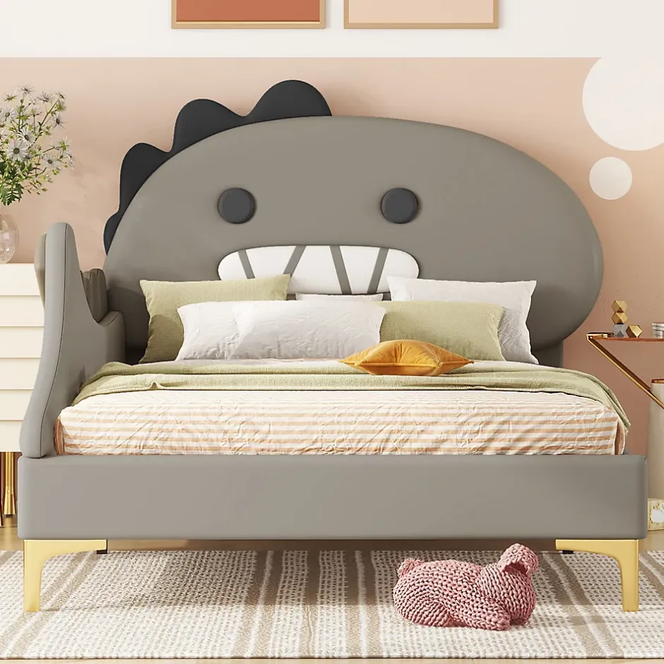 ProximaX Lit simple-Lit pour enfant 90 x 200 cm, forme de dinosaure de dessin animé, lit plat, matériau PU, gris Outlet