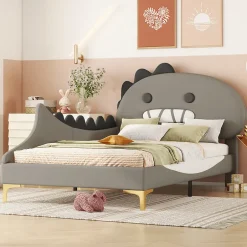 ProximaX Lit simple-Lit pour enfant 90 x 200 cm, forme de dinosaure de dessin animé, lit plat, matériau PU, gris Outlet