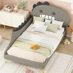 ProximaX Lit simple-Lit pour enfant 90 x 200 cm, forme de dinosaure de dessin animé, lit plat, matériau PU, gris Outlet