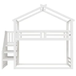 Okwish Lit Superposé - Lit enfant 90x200 cm avec Toît et Escalier Sécurisé, Cadre Bois Massif et Lattes Solides, Couleur Blanc