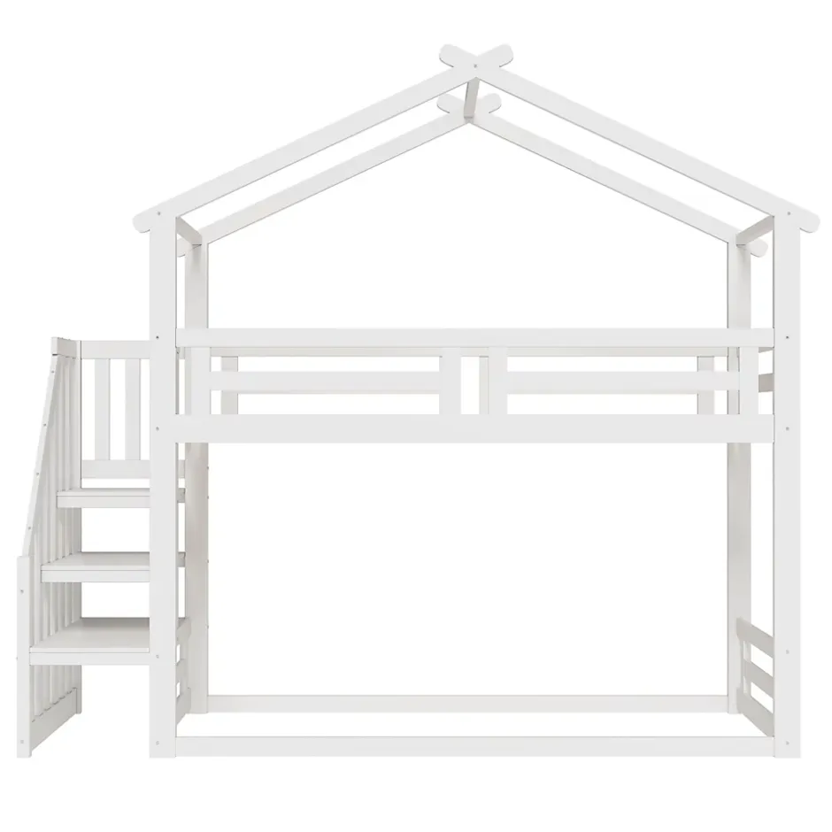 Okwish Lit Superposé - Lit enfant 90x200 cm avec Toît et Escalier Sécurisé, Cadre Bois Massif et Lattes Solides, Couleur Blanc