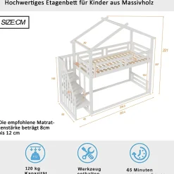 Okwish Lit Superposé - Lit enfant 90x200 cm avec Toît et Escalier Sécurisé, Cadre Bois Massif et Lattes Solides, Couleur Blanc