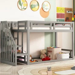 Enfant Okwish Lit Superposé - Lit enfant 90x200 cm avec Toît, Escalier Sécurisé et Structure Solide, Bois Massif et MDF, Couleur Gris