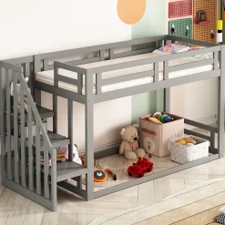 Enfant Okwish Lit Superposé - Lit enfant 90x200 cm avec Toît, Escalier Sécurisé et Structure Solide, Bois Massif et MDF, Couleur Gris