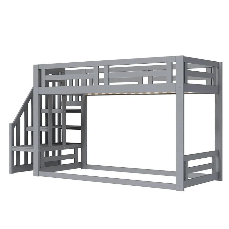 Enfant Okwish Lit Superposé - Lit enfant 90x200 cm avec Toît, Escalier Sécurisé et Structure Solide, Bois Massif et MDF, Couleur Gris