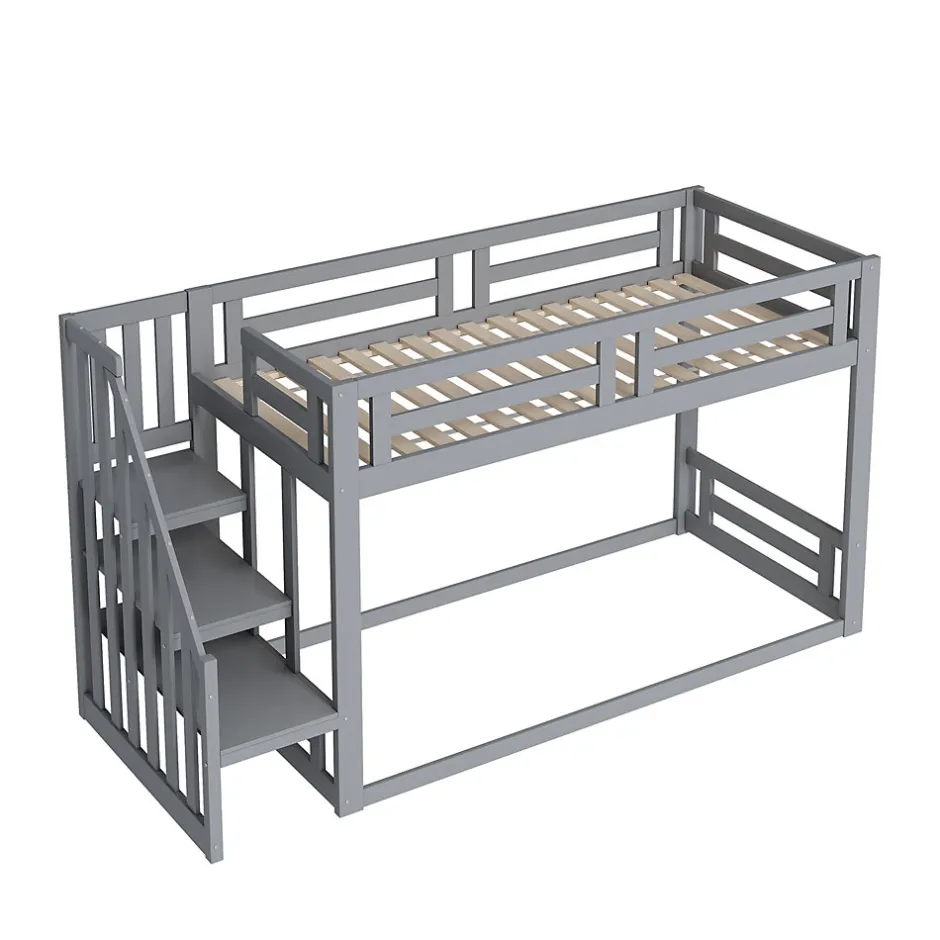 Enfant Okwish Lit Superposé - Lit enfant 90x200 cm avec Toît, Escalier Sécurisé et Structure Solide, Bois Massif et MDF, Couleur Gris