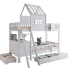 Enfant Redom Lit superposé 2 tiroirs roulettes toit fenêtres décoratifs table lecture panier pin MDF contreplaqué blanc 90x200