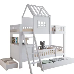 Enfant Redom Lit superposé 2 tiroirs roulettes toit fenêtres décoratifs table lecture panier pin MDF contreplaqué blanc 90x200