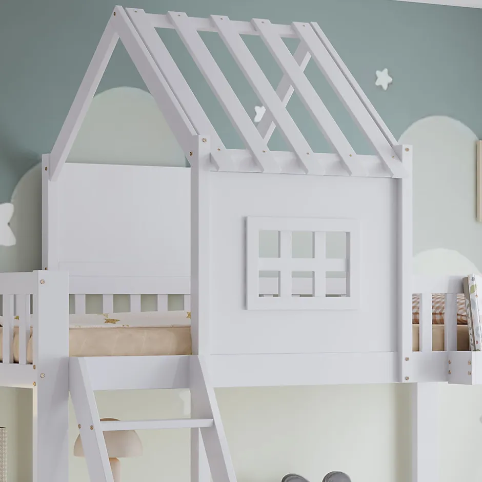 Enfant Redom Lit superposé 2 tiroirs roulettes toit fenêtres décoratifs table lecture panier pin MDF contreplaqué blanc 90x200
