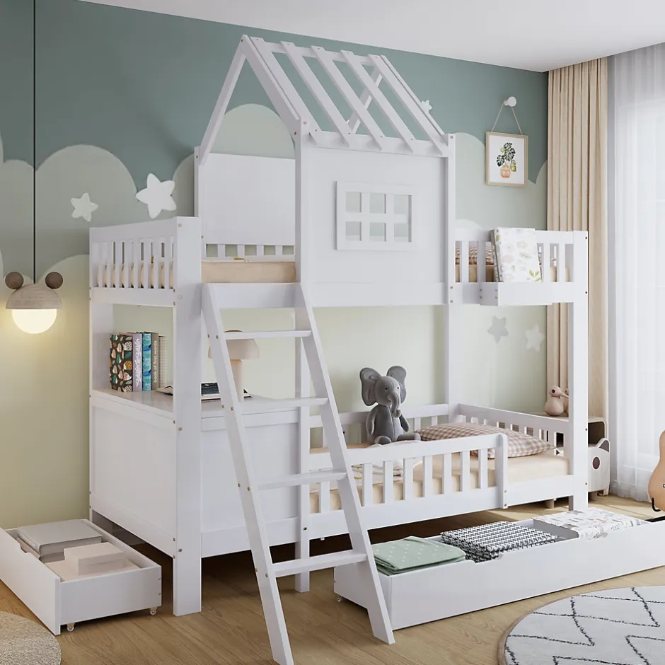 Enfant Redom Lit superposé 2 tiroirs roulettes toit fenêtres décoratifs table lecture panier pin MDF contreplaqué blanc 90x200