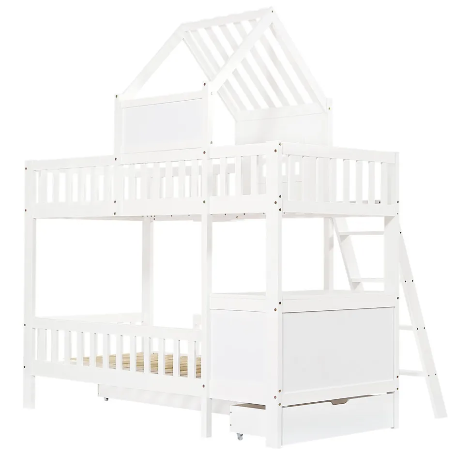 Enfant Redom Lit superposé 2 tiroirs roulettes toit fenêtres décoratifs table lecture panier pin MDF contreplaqué blanc 90x200