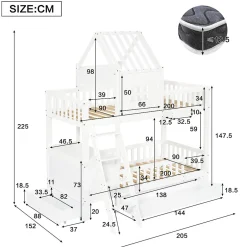 Enfant Redom Lit superposé 2 tiroirs roulettes toit fenêtres décoratifs table lecture panier pin MDF contreplaqué blanc 90x200