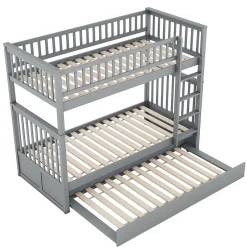 Okwish Lit Superposé 90 x 200 cm - Lit Gigogne avec Escalier - Pin + MDF - Sans Matelas - Gris