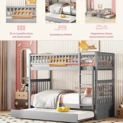 Okwish Lit Superposé 90 x 200 cm - Lit Gigogne avec Escalier - Pin + MDF - Sans Matelas - Gris