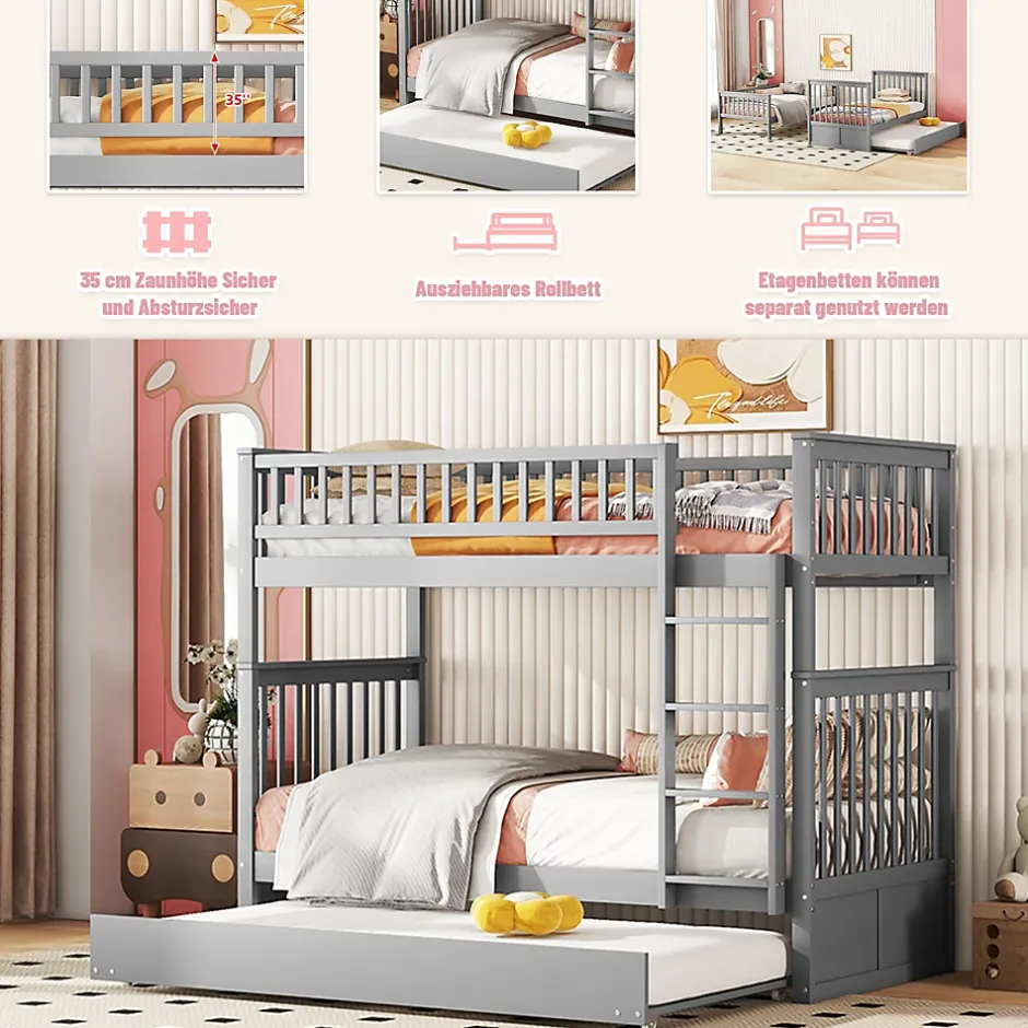 Okwish Lit Superposé 90 x 200 cm - Lit Gigogne avec Escalier - Pin + MDF - Sans Matelas - Gris