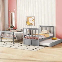 Okwish Lit Superposé 90 x 200 cm - Lit Gigogne avec Escalier - Pin + MDF - Sans Matelas - Gris
