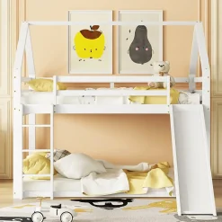 Okwish Lit Superposé 140 x 200 cm - Lit enfant avec Toboggan et Échelle - Pin + MDF - Sans Matelas - Blanc Discount