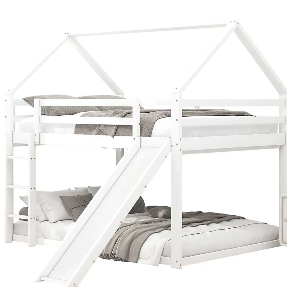 Okwish Lit Superposé 140 x 200 cm - Lit enfant avec Toboggan et Échelle - Pin + MDF - Sans Matelas - Blanc Discount