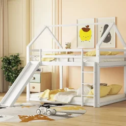 Okwish Lit Superposé 140 x 200 cm - Lit enfant avec Toboggan et Échelle - Pin + MDF - Sans Matelas - Blanc Discount