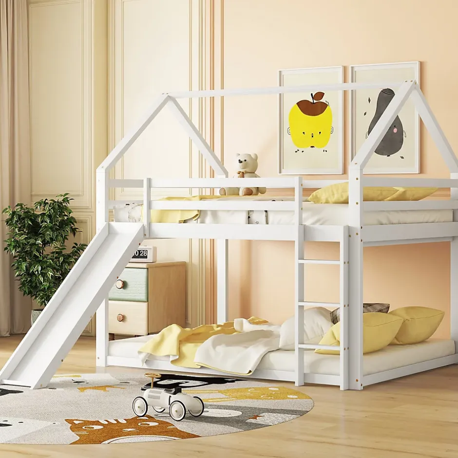 Okwish Lit Superposé 140 x 200 cm - Lit enfant avec Toboggan et Échelle - Pin + MDF - Sans Matelas - Blanc Discount