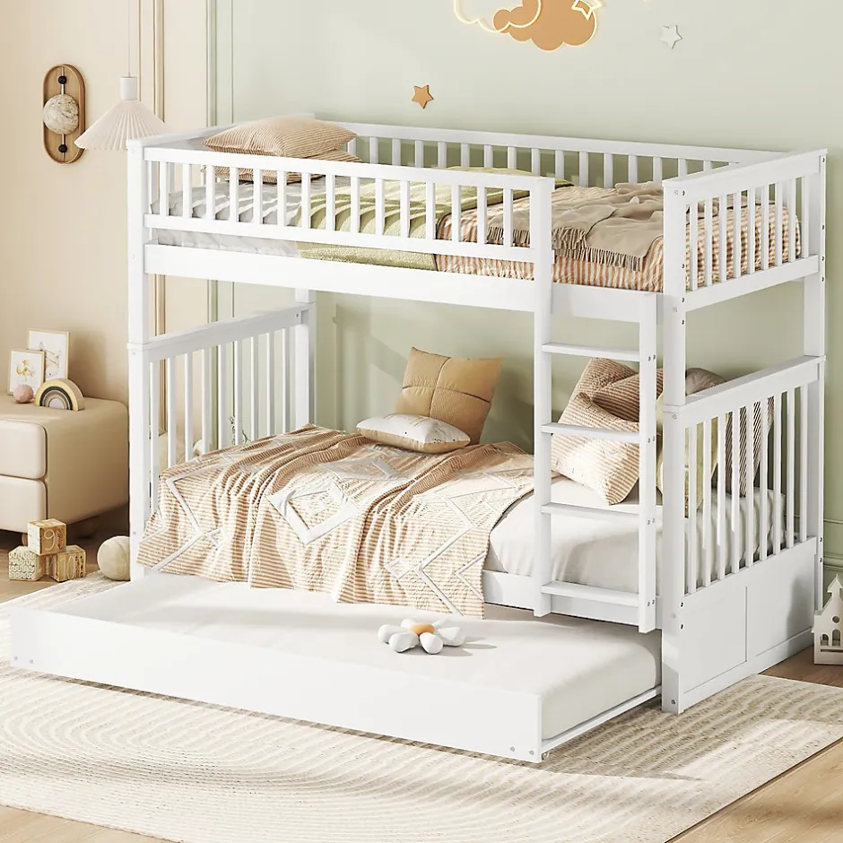 Enfant Okwish Lit Superposé 90 x 200 cm - Lit Gigogne avec Escalier - Pin + MDF - Sans Matelas - Blanc