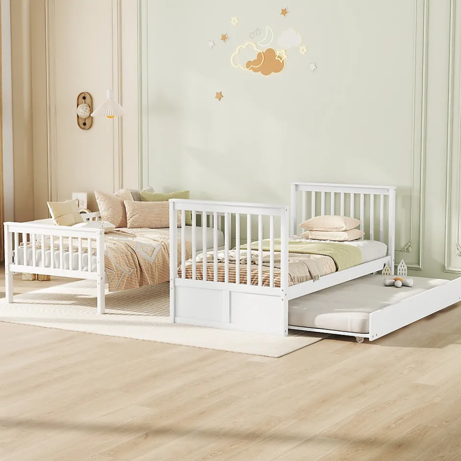 Enfant Okwish Lit Superposé 90 x 200 cm - Lit Gigogne avec Escalier - Pin + MDF - Sans Matelas - Blanc