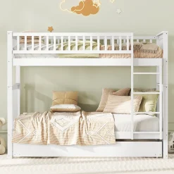 Enfant Okwish Lit Superposé 90 x 200 cm - Lit Gigogne avec Escalier - Pin + MDF - Sans Matelas - Blanc