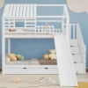 Enfant Fortuna lai Lit superposé avec échelle, toboggan, fenêtres, sécurité, cadre bois, blanc, 90x200cm